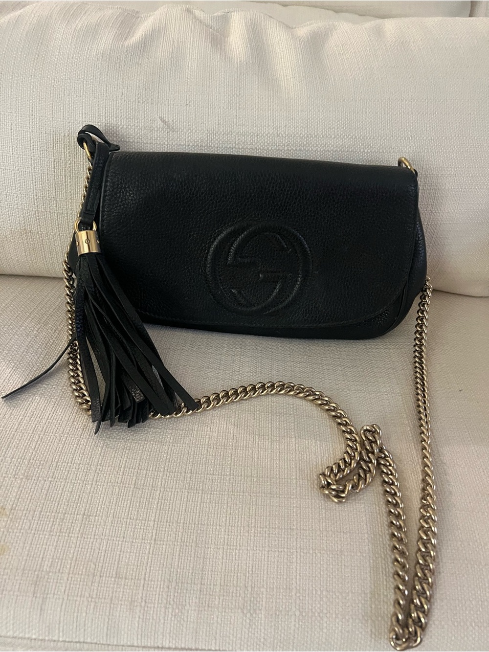 Gucci Black Leather Crossbody with Gold Chain and Tassel